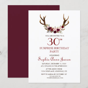 Chic Burgundy Marsala Blommigt Antlers 50:e födels Inbjudningar