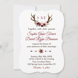 Chic Burgundy Marsala Blommigt Antlers Bröllop Inbjudningar