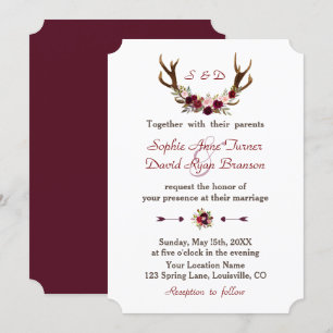Chic Burgundy Marsala Blommigt Antlers Bröllop Inbjudningar