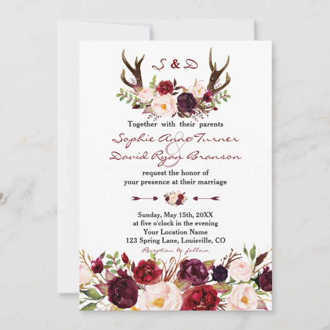 Chic Burgundy Marsala Blommigt Antlers Bröllop Inbjudningar (Framsida)