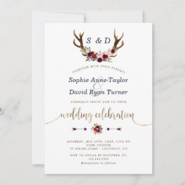Chic Burgundy Marsala Blommigt Antlers Guld Bröllo Inbjudningar