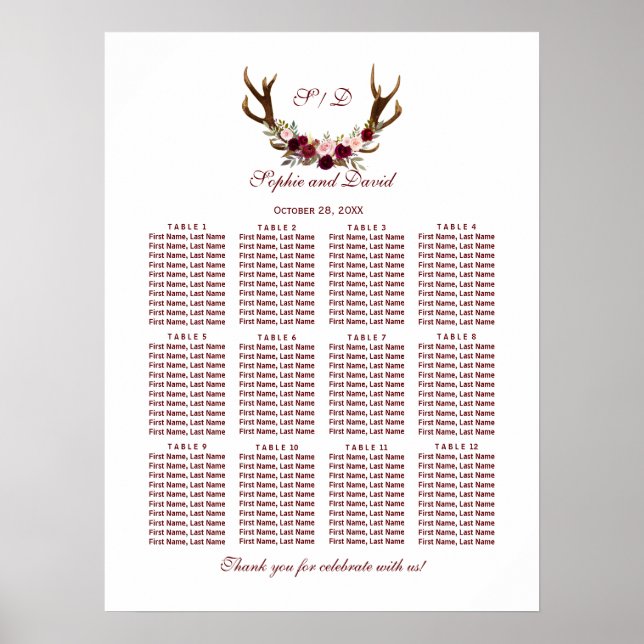 Chic Burgundy Marsala Blommigt Antlers Sittdiagram Poster (Framsidan)
