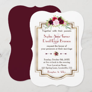 Chic Burgundy Marsala Blommigt Guld Fall Wedding Inbjudningar