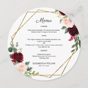 Chic Burgundy Marsala Blommigt Round Menu for Plat Meny
