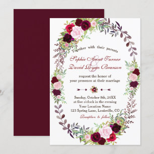 Chic Burgundy Marsala-Blommigten, utandning Bröllo Inbjudningar