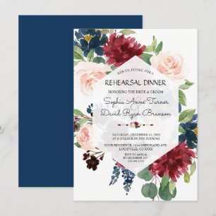 Chic Burgundy Navy Blommigt Hexagon Rehearsal Midd Inbjudningar