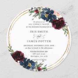 Chic Burgundy Navy Blue  Blommigt Bröllop Inbjudningar