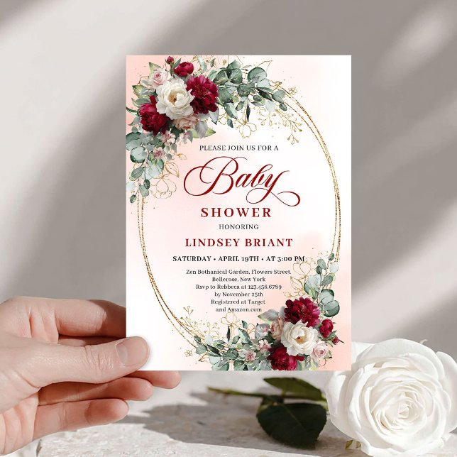 Chic Burgundy och Guld Boho Baby Shower Inbjudan (Chic Burgundy and Gold Boho Baby Shower Invite)