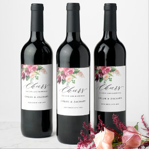 Chic Burgundy  och Rosa Blommigt Cheers Bröllop Vinflaska Etikett