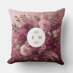 Chic Burgundy och Rosa Glitter Monogrammad Kudde