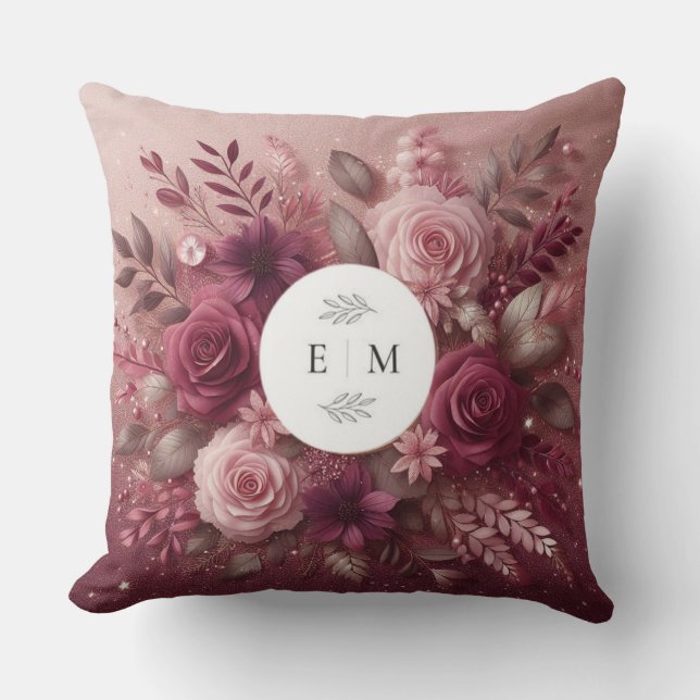 Chic Burgundy och  Rosa Glitter Monogrammad Kudde (Framsida)