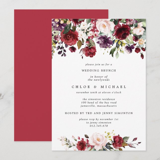 Chic Burgundy Red Blommigt Post Bröllop Brunch Inbjudningar (Fram/baksida)