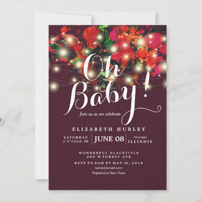 Chic Burgundy Red Blommigt String Ljus Baby Shower Inbjudningar (Framsida)