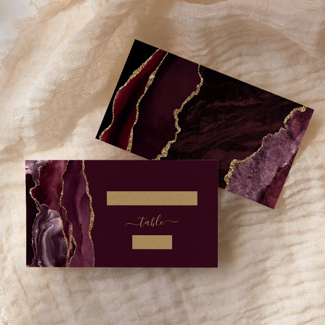 Chic Burgundy Red Guld Agate Bröllop Escort Placeringskort (Skapare uppladdad)