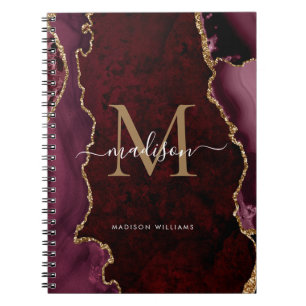 Chic Burgundy Red Guld Agate Geode Monogram-skript Anteckningsbok