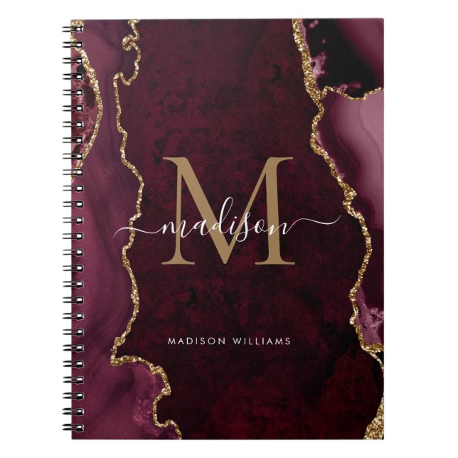 Chic Burgundy Red Guld Agate Geode Monogram-skript Anteckningsbok (Framsidan)