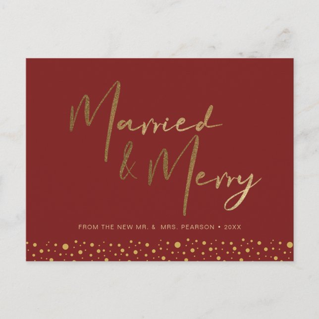 Chic Burgundy Red Guld gift och Merry Photo Helg Vykort (Framsida)