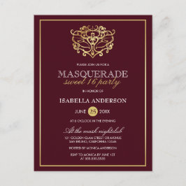Chic Burgundy Red & Guld MasqueraSverige 16 Party Inbjudan Vykort