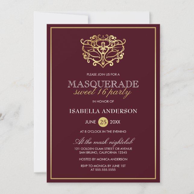 Chic Burgundy Red & Guld MasqueraSverige 16 Party Inbjudningar (Framsida)
