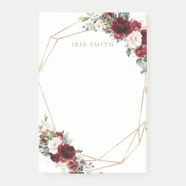 Chic Burgundy Red  Rosa Blommigt Guld Geometric Post-it Block (Framsida)