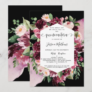 Chic Burgundy Rosa Black Quinceanera Blommigt Inbjudningar