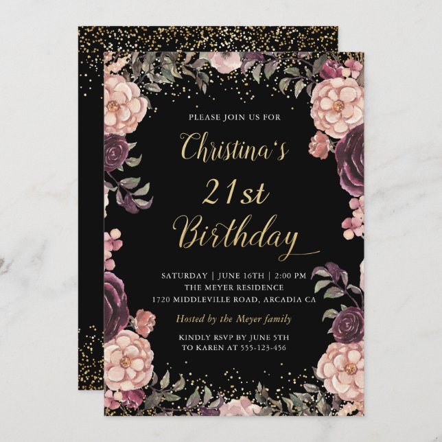 Chic Burgundy Rosa Blommigt Black Födelsedagsfest Inbjudningar (Fram/baksida)