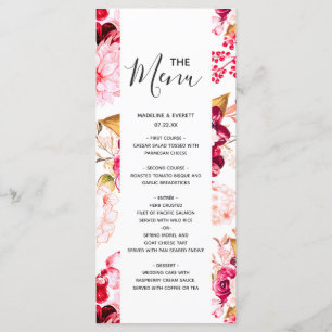 Chic Burgundy &  Rosa Blommigt Bröllop Menu Meny