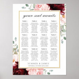 Chic Burgundy Rosa Blommigt Bröllop säte Poster