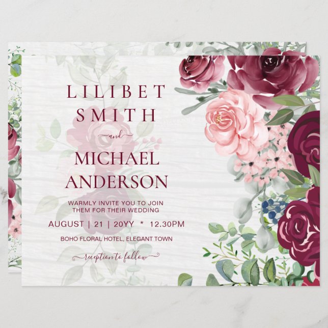 Chic Burgundy  Rosa Blommigt Greenery Bröllop (Fram/baksida)