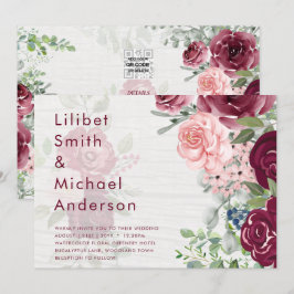 Chic Burgundy  Rosa Blommigt Greenery Bröllop Inbjudningar