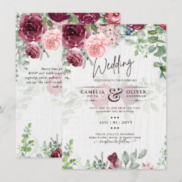 Chic Burgundy  Rosa Blommigt Greenery Bröllop Inbjudningar