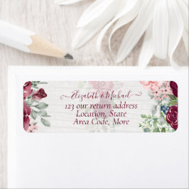 Chic Burgundy  Rosa Blommigt Greenery Bröllop Returadress Etikett