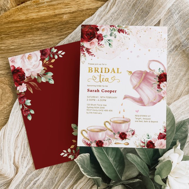 Chic Burgundy Rosa Blommigt Möhippa Tea Party Inbjudningar (Skapare uppladdad)