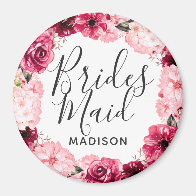 Chic Burgundy & Rosa Blommigt Utandning Bridesmaid Magnet (Framsidan)