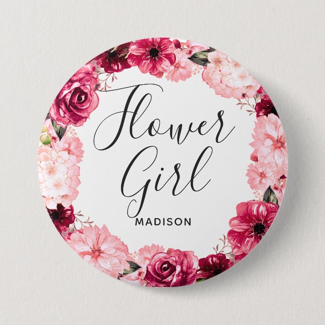 Chic Burgundy & Rosa Blommigt Utandning Flower Gir Knapp (Framsida)