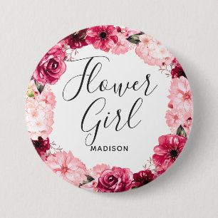 Chic Burgundy & Rosa Blommigt Utandning Flower Gir Knapp