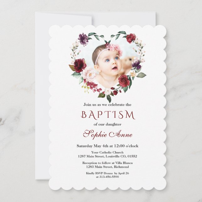 Chic Burgundy Rosa Flowers Blommigt Photo Baptism Inbjudningar (Framsida)