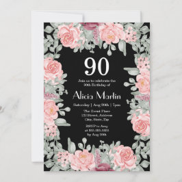 Chic Burgundy Rosa ros Flora Black 90:e födelsedag Inbjudningar