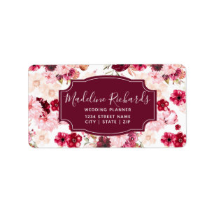 Chic Burgundy & Rosa VattenfärgBlommigt Adressetikett