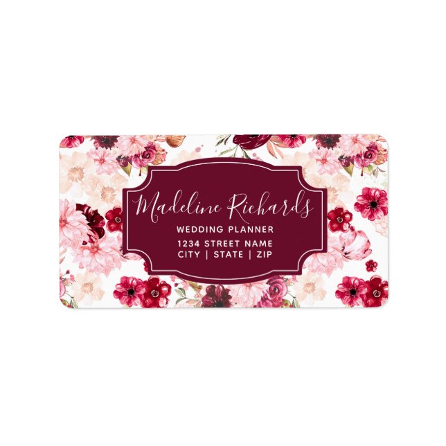 Chic Burgundy &  Rosa VattenfärgBlommigt Adressetikett (Framsidan)