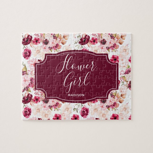 Chic Burgundy & Rosa Watercolor Blommigt Flower Gi Pussel (Horisontell)