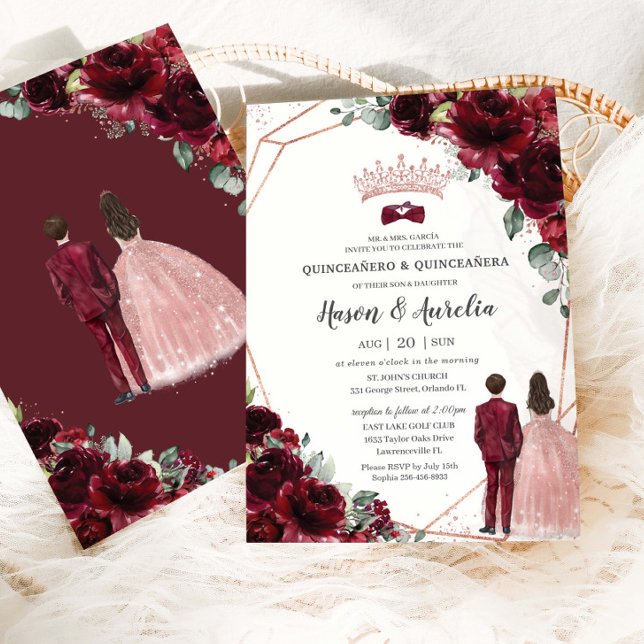 Chic Burgundy Rose Gold Twins Boy Girl Quinceanera Inbjudningar (Skapare uppladdad)