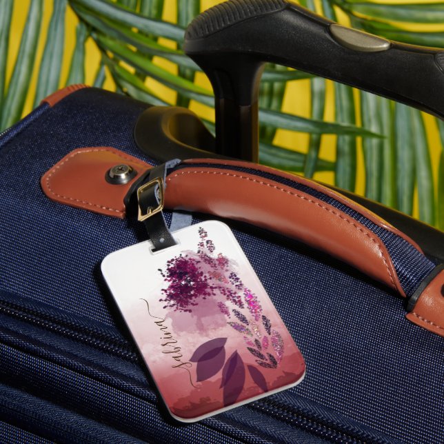 Chic Burgundy Watercolor Blommigt Monogram Bagagebricka (Framsida Insitu 1)