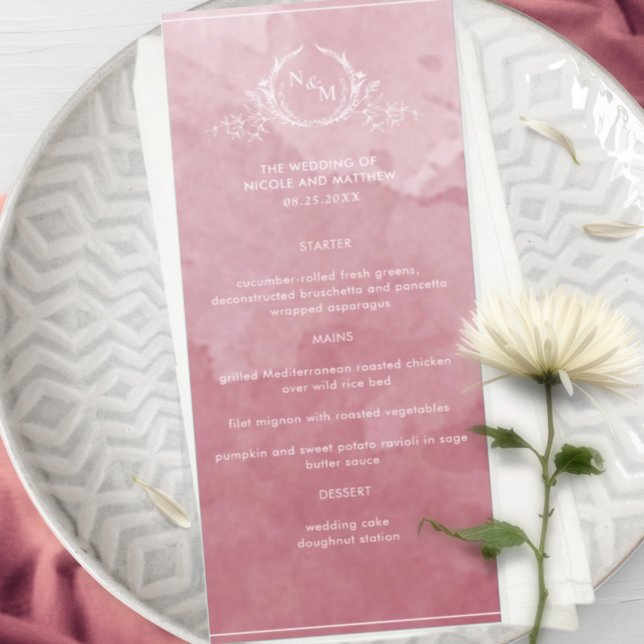 Chic Burgundy Watercolor, Monogram Bröllop Menu Meny (Skapare uppladdad)