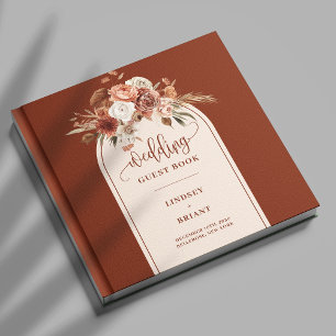 Chic Burnt Orange Pampas Grass Boho Arch Bröllop Gästböcker