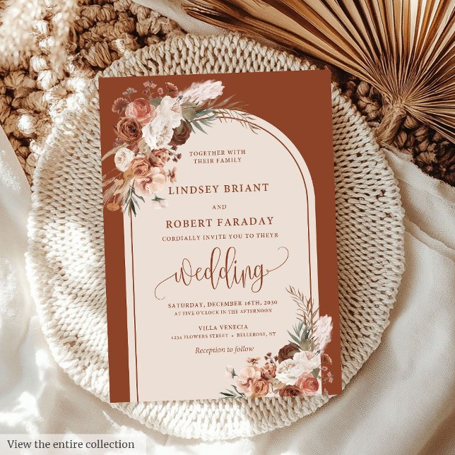 Chic Burnt Orange Pampas Grass Boho bröllopsinbjud Inbjudningar (Chic Burnt Orange Pampas Grass Boho Wedding Invitation)