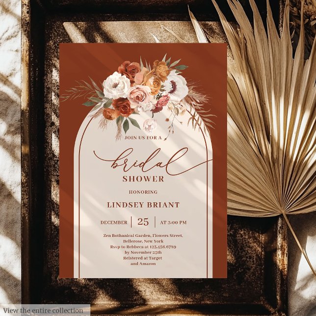 Chic Burnt Orange Pampas Grass Boho Möhippa Inbjudningar (Chic Burnt Orange Pampas Grass Boho Bridal Shower)