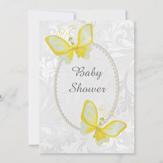 Chic Butterflies Damask Baby Shower Dubbla sida vi Inbjudningar (Framsida)