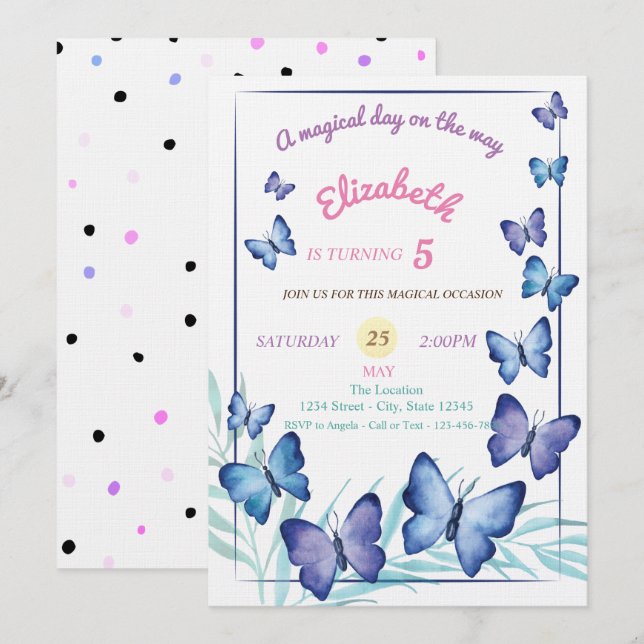Chic Butterflies Polka dots Birthday Inbjudningar (Fram/baksida)
