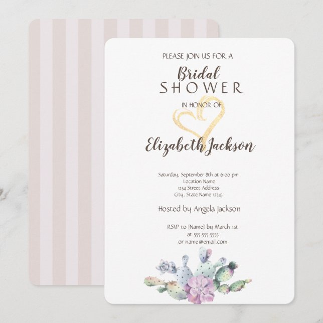 Chic Cactus Guld Glitter Heart Möhippa Inbjudningar (Fram/baksida)